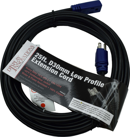 25' SPT3 14/3 low profile flat cord with cord ends for 30mm openings. Black cable with blue ends.